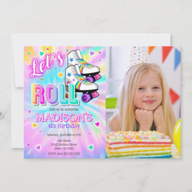 Invitation Roller Skating Birthday Party Tie Dye Neon Photo (Devant)