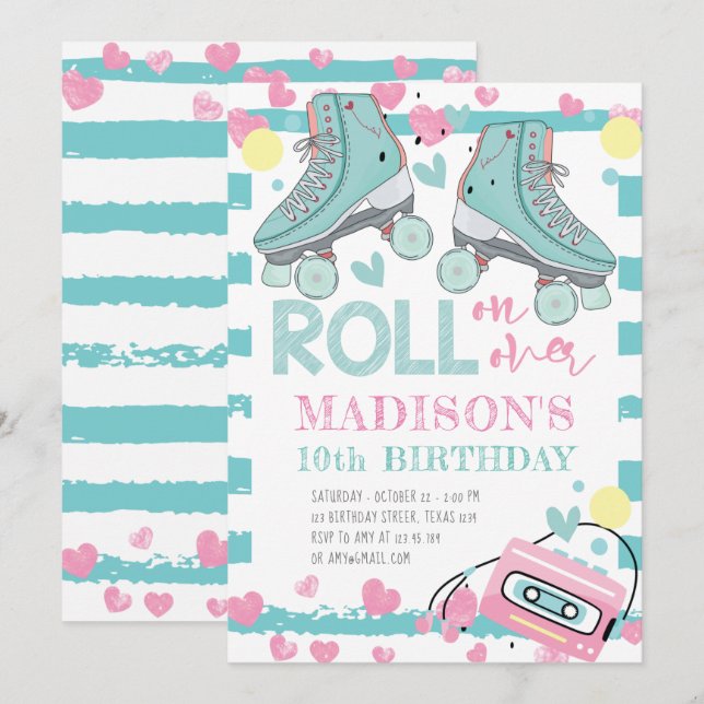 Invitation Roller Skating Girl Anniversaire Pastel Blue Pink (Devant / Derrière)