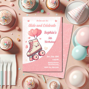 Invitation Roller Skating Pink Heart Girl's Birthday Party