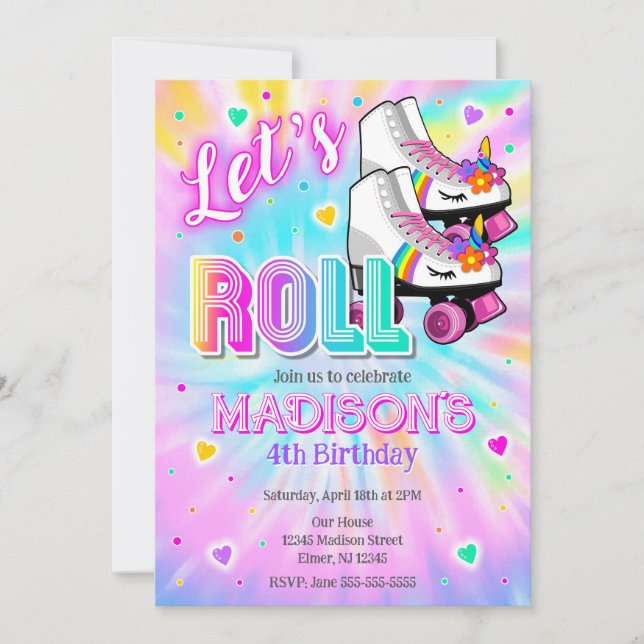 Invitation Roller Skating Unicorn Birthday Party Tie Dye Neon (Devant)