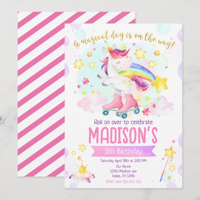 Invitation Roller Skating Unicorn Girl Magical Birthday Party (Devant / Derrière)