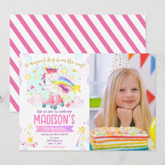 Invitation Roller Skating Unicorn Girl Magical Birthday Photo (Devant / Derrière)