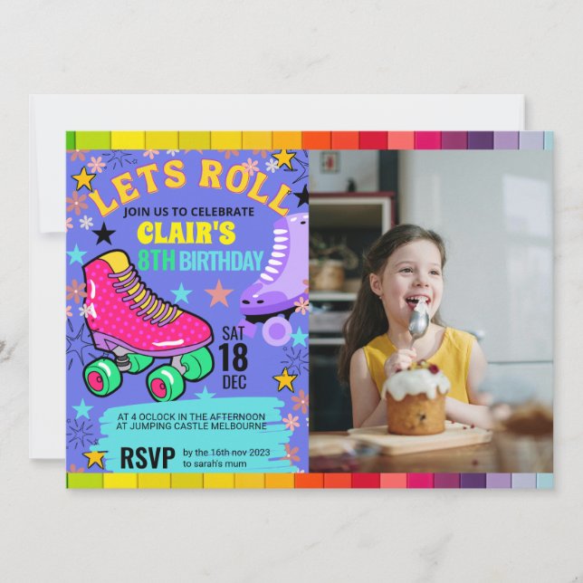 Invitation Roller Ski Arc-en-ciel Neon Filles Anniversaire I (Devant)