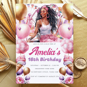 Invitation Rollercoaster Party African American Girl Custom