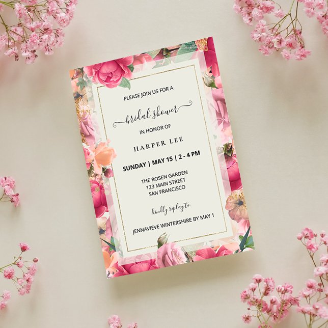 Invitation Romance Blush Rose Roses Fête des mariées de jardi (Romance Blush Pink Roses Gold Frame Modern Floral Garden Bridal Shower Invitation)
