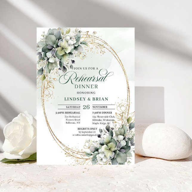Invitation Romance Bohème Dîner de Répétition de Mariage Verd (Bohemian Romance Rehearsal Dinner Greenery Gold Invite)