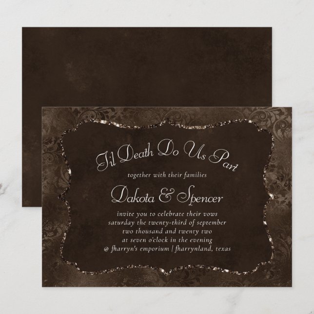 Invitation Romance en bronze de minuit | Satiny Grunge Damask (Devant / Derrière)