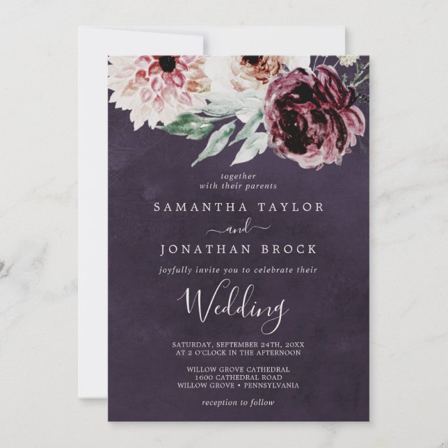 Invitation Romance florale | Mariage de prune (Devant)