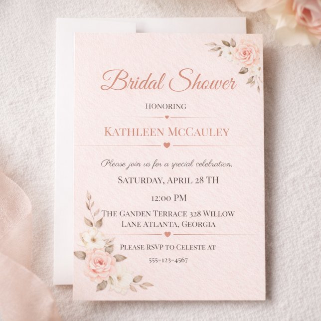 Invitation Romance Florale Rougeur (Blush rose bridal shower card with soft botanical florals for romantic garden celebrations)