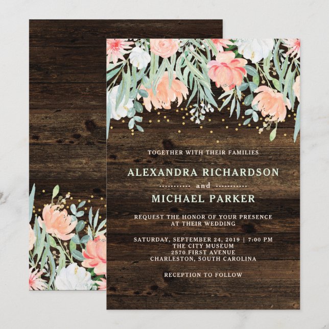 Invitation Romance florale rustique | Mariage aquarelle (Devant / Derrière)