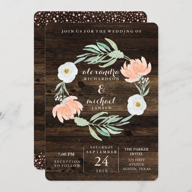 Invitation Romance Florale Rustique Wreath | MARIAGE (Devant / Derrière)