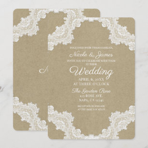 Invitation Romance rustique élégant Mariage blanc en dentelle