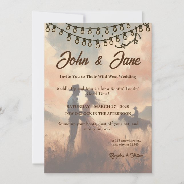 Invitation Romance rustique : Mariage occidental sauvage (Devant)