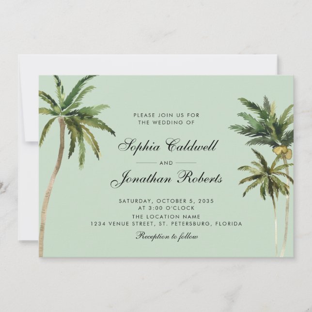 Invitation Romance Tropicale Palmiers Pastel Green Mariage (Devant)