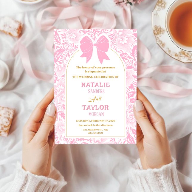 Invitation Romance Valentine’s Day Pink Bow Floral Wedding (Créateur téléchargé)