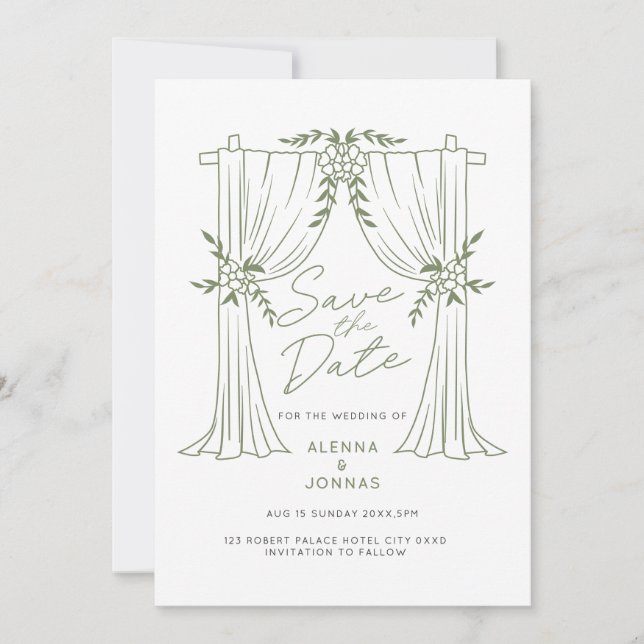 Invitation Romance Vert Sauge Enregistrez la Date (Devant)