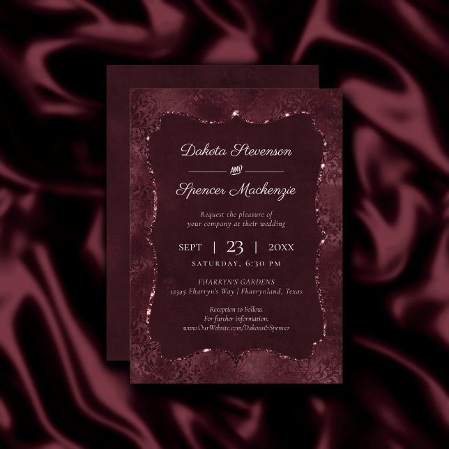 Invitation Romance Vin De Minuit | Dark Satiny Grunge Damask (Créateur téléchargé)