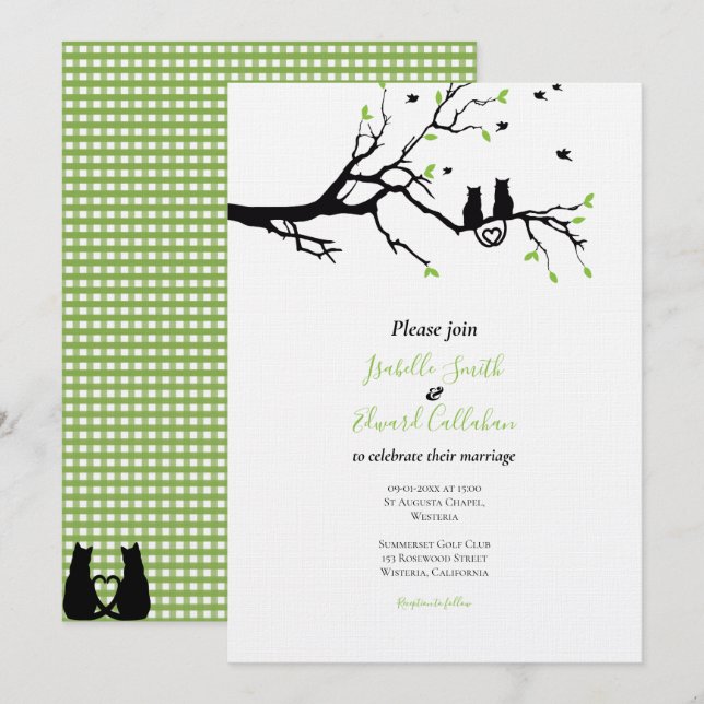 Invitation Romancer des chats noirs dans un mariage à carreau (Devant / Derrière)