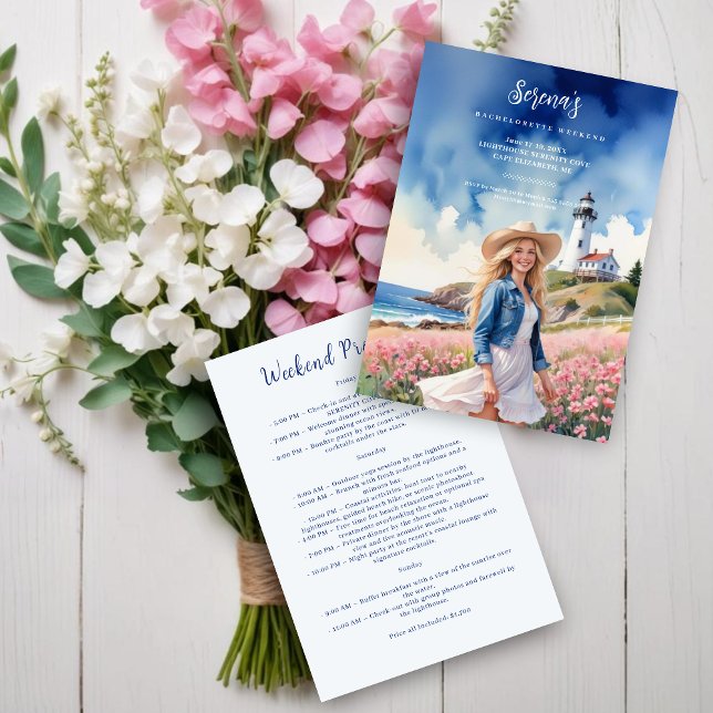 Invitation Romantic Blonde Cowgirl Chic Landscape Lighthouse (Romantic Blonde Cowgirl on Marine Landscape with Lighthouse Bachelorette Weekend Invitation Card.)