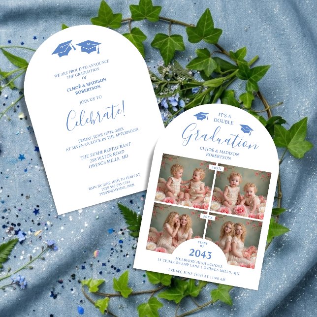Invitation Romantic Blue 4-Photo Double Twins Grads TMF26 (Romantic Blue 4-Photo Double Twins Graduation Then & Now Whimsical Modern Calligraphy Invitation.)