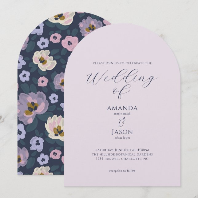 Invitation Romantic blue and purple floral garden wedding (Devant / Derrière)
