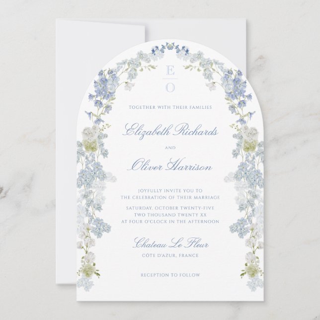 Invitation Romantic Blue Floral Monogram All in One Wedding (Devant)