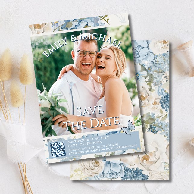 Invitation Romantic Blue Floral Photo QR Code Mariage (Créateur téléchargé)