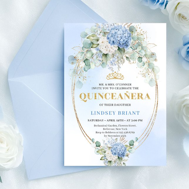 Invitation Romantic Blue Hydrangeas Gold Quinceañera Invites (Romantic Blue Hydrangeas Gold Quinceañera Invitation)