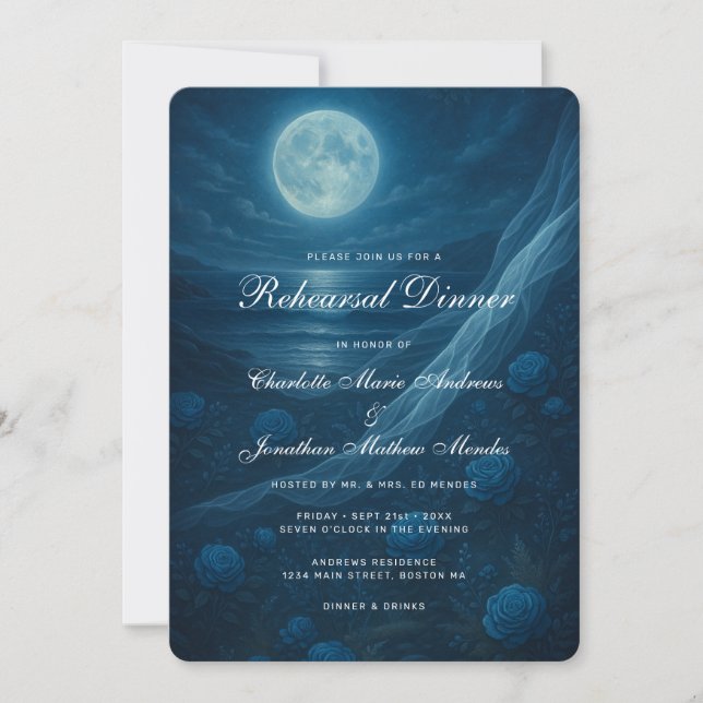 Invitation Romantic Blue Moonlit Beach Rehearsal Dinner (Devant)
