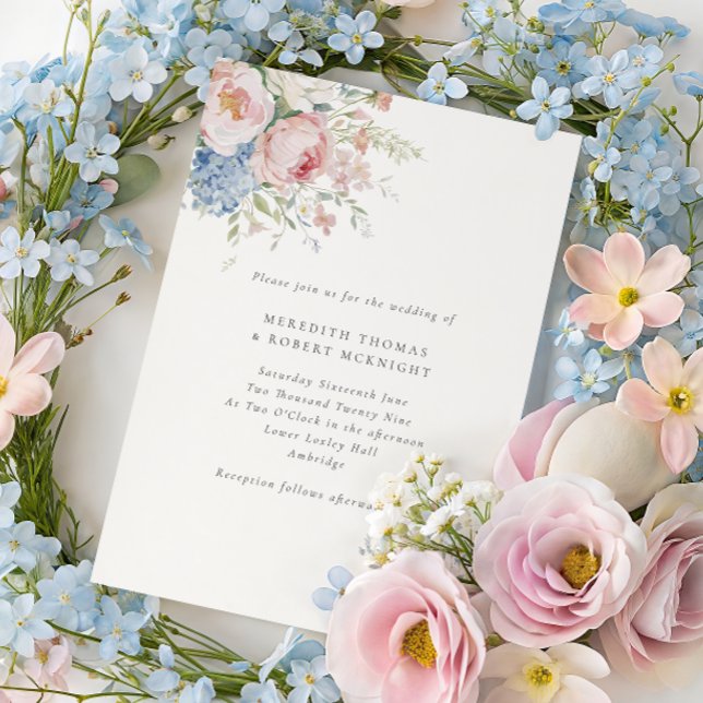 Invitation Romantic Blue & Pink Pastel Floral Wedding (Créateur téléchargé)