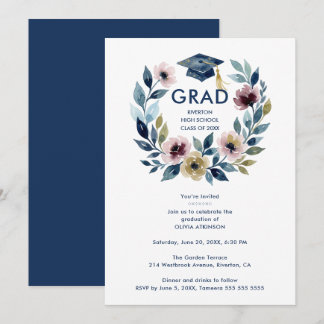 Invitation Romantic Blue Shades Floral Wreath Graduation