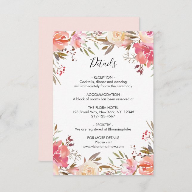 Invitation Romantic Blush Bloom Floral Détails du Mariage (Devant / Derrière)