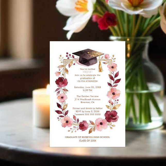 Invitation Romantic Blush Pink and Burgundy Graduation (Romantic Blush Pink and Burgundy Floral Frame Graduation Party Invitation Cards.)