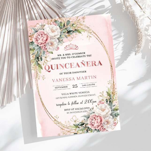 Invitation Romantic Blush Pink Floral Greenery Quinceañera (Romantic Blush Pink Floral Greenery Quinceañera)