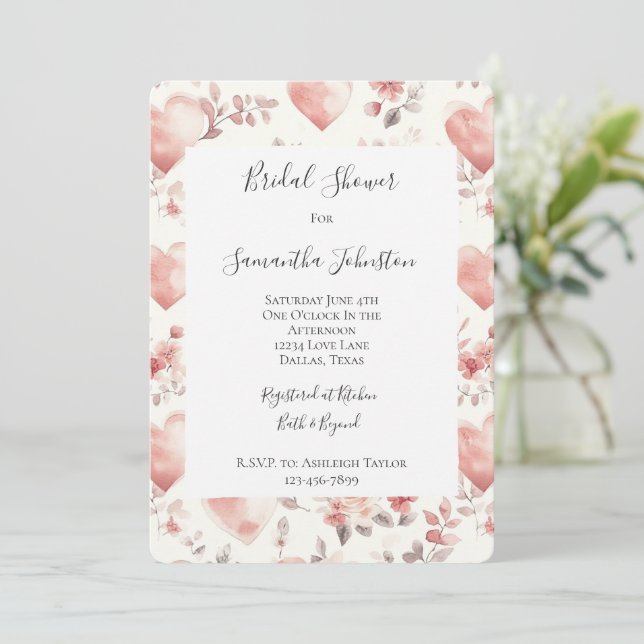 Invitation Romantic Blush Pink Hearts Floral Bridal Shower (Debout devant)