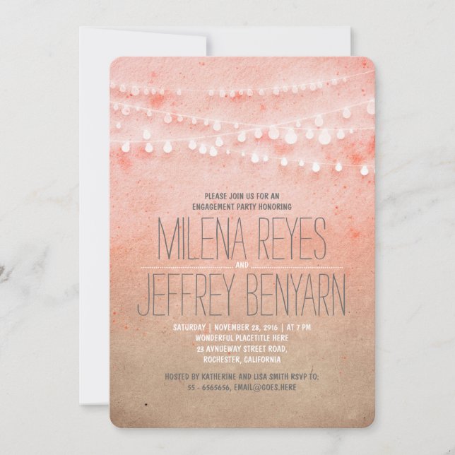 Invitation Romantic Blush Rose String Lights Partie d'engagem (Devant)
