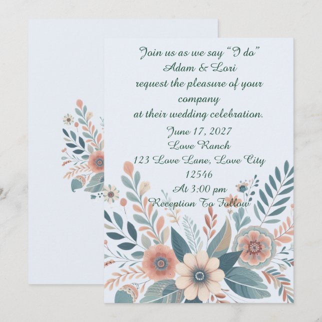 Invitation Romantic Bohemian Floral Wedding (Devant / Derrière)