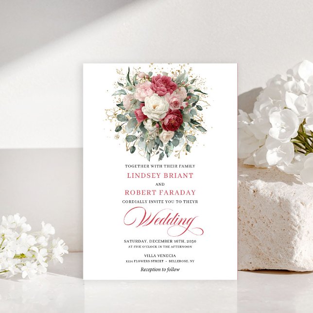 Invitation Romantic Bohemian Red White Greenery Gold Wedding (Timeless Boho Blush White Gold Floral Wedding Invitation)