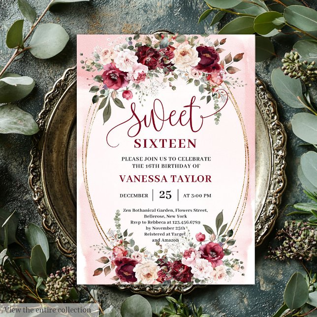 Invitation Romantic Boho Burgundy Blush Floral Sweet Sixteen (Romantic Burgundy Blush Floral Sweet Sixteen Invite

)