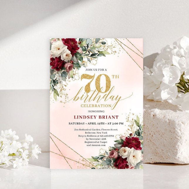 Invitation Romantic Boho Burgundy Floral Happy 70th Invitе (Romantic Boho Burgundy Floral Happy 70th Invitation)