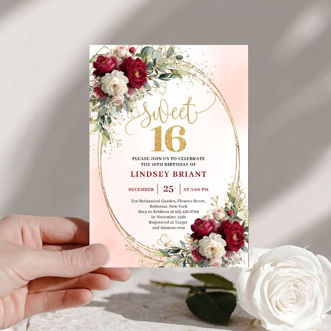 Invitation Romantic Boho Burgundy Gold Floral Sweet Sixteen  (Romantic Boho Burgundy Gold Floral Sweet Sixteen Invite)