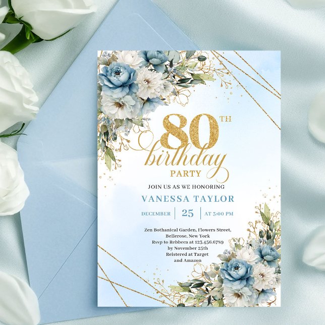 Invitation Romantic Boho Dusty Blue Floral Gold 80th Birthday (Romantic Dusty Blue Floral Gold 80th Birthday Invite XL

)