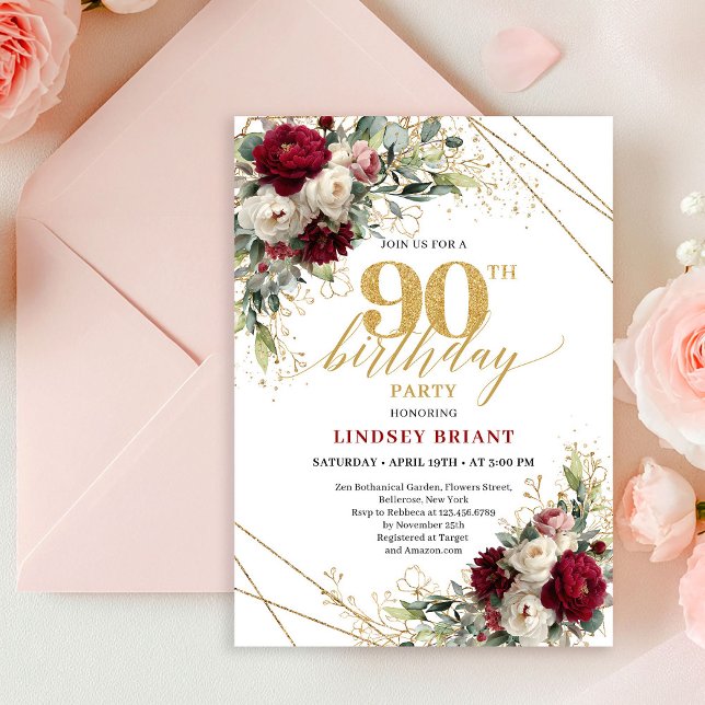 Invitation Romantic Burgundy and White Floral 90th Birthday  (Romantic Burgundy and White Floral 90th Birthday Invite)