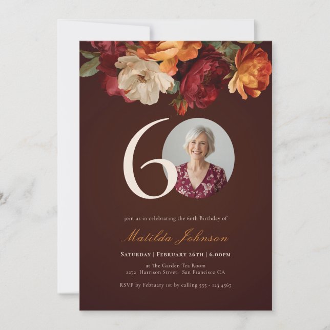 Invitation Romantic Burgundy Floral Photo 60th Birthday (Devant)