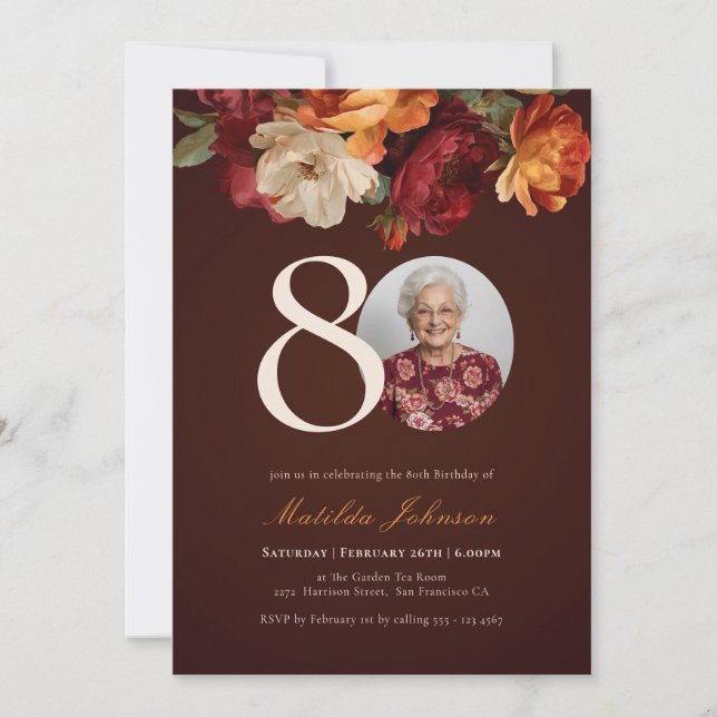 Invitation Romantic Burgundy Floral Photo 80th Birthday (Devant)
