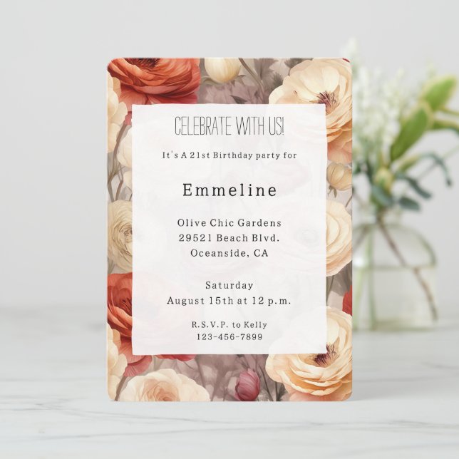 Invitation Romantic Burgundy Red Cream Floral Birthday   (Debout devant)