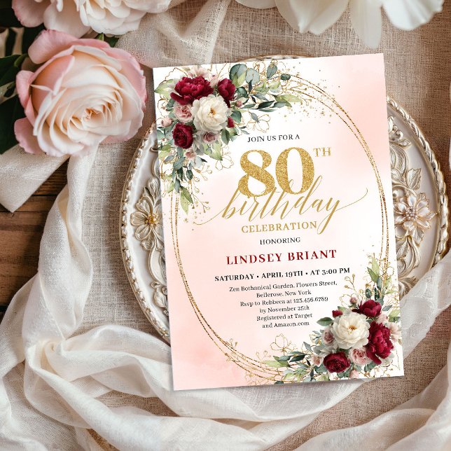 Invitation Romantic Burgundy Watercolor Flowers 80th Birthday (Romantic Burgundy Watercolor Flowers 80th Birthday Invite)