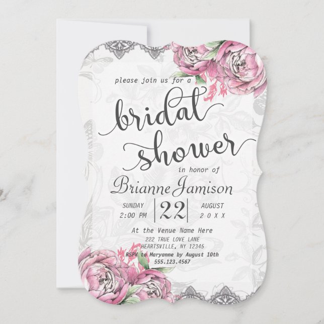 Invitation Romantic Chic Peony Dentelle nuptiale de douche In (Devant)