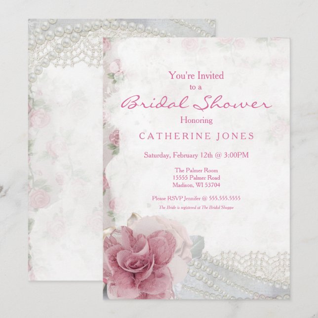 Invitation Romantic Chic Rose Bridal Showeuse (Devant / Derrière)