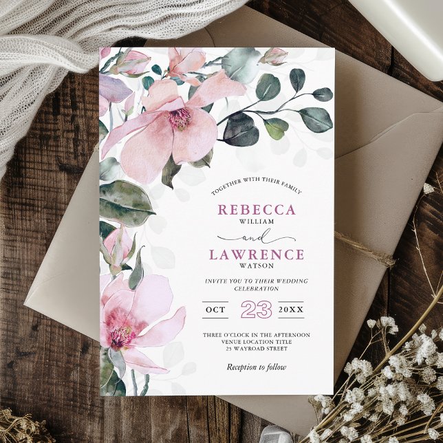 Invitation Romantic chic rose rose mariage botanique (Créateur téléchargé)